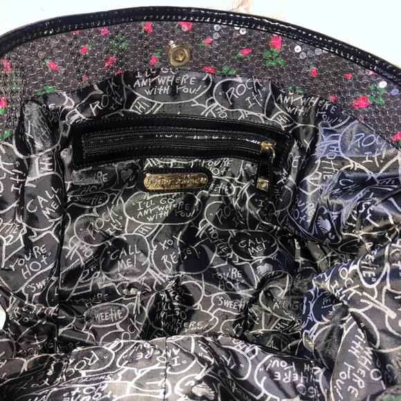 Betsy Johnson sequin floral (roses) Tote. Large  chain double handle - Picture 10 of 16